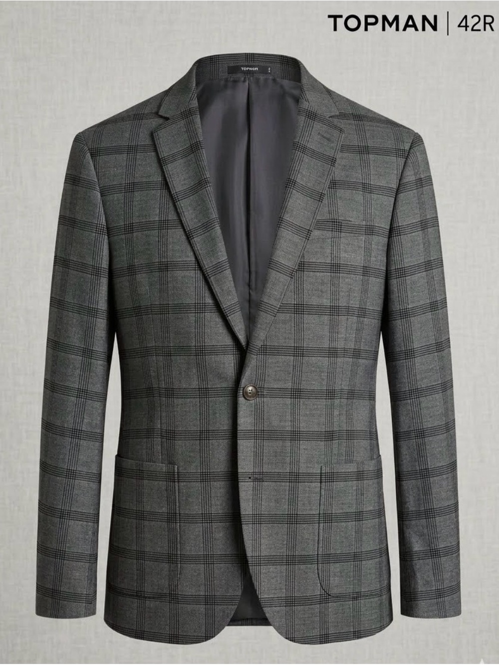 TOPMAN Gray Plaid Blazer Jacket Sport Coat 42R Slim Fit One Button EUC MSRP $220